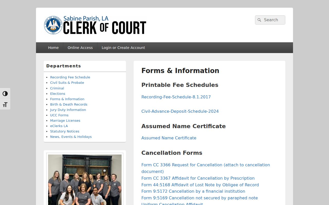 Sabine Parish Clerk of Court forms page showing no general bench warrant recall form