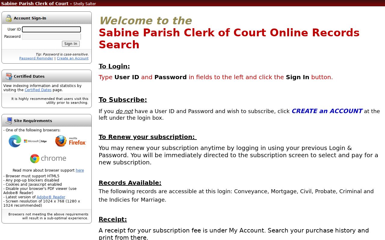Sabine Parish Clerk of Court eSearch login fields for criminal and traffic warrant research