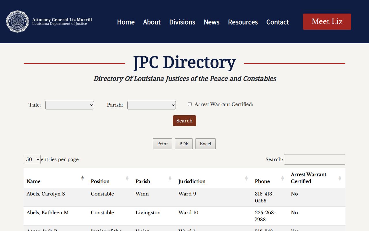 Justice court directory filters used for Pleasant Hill warrant records routing