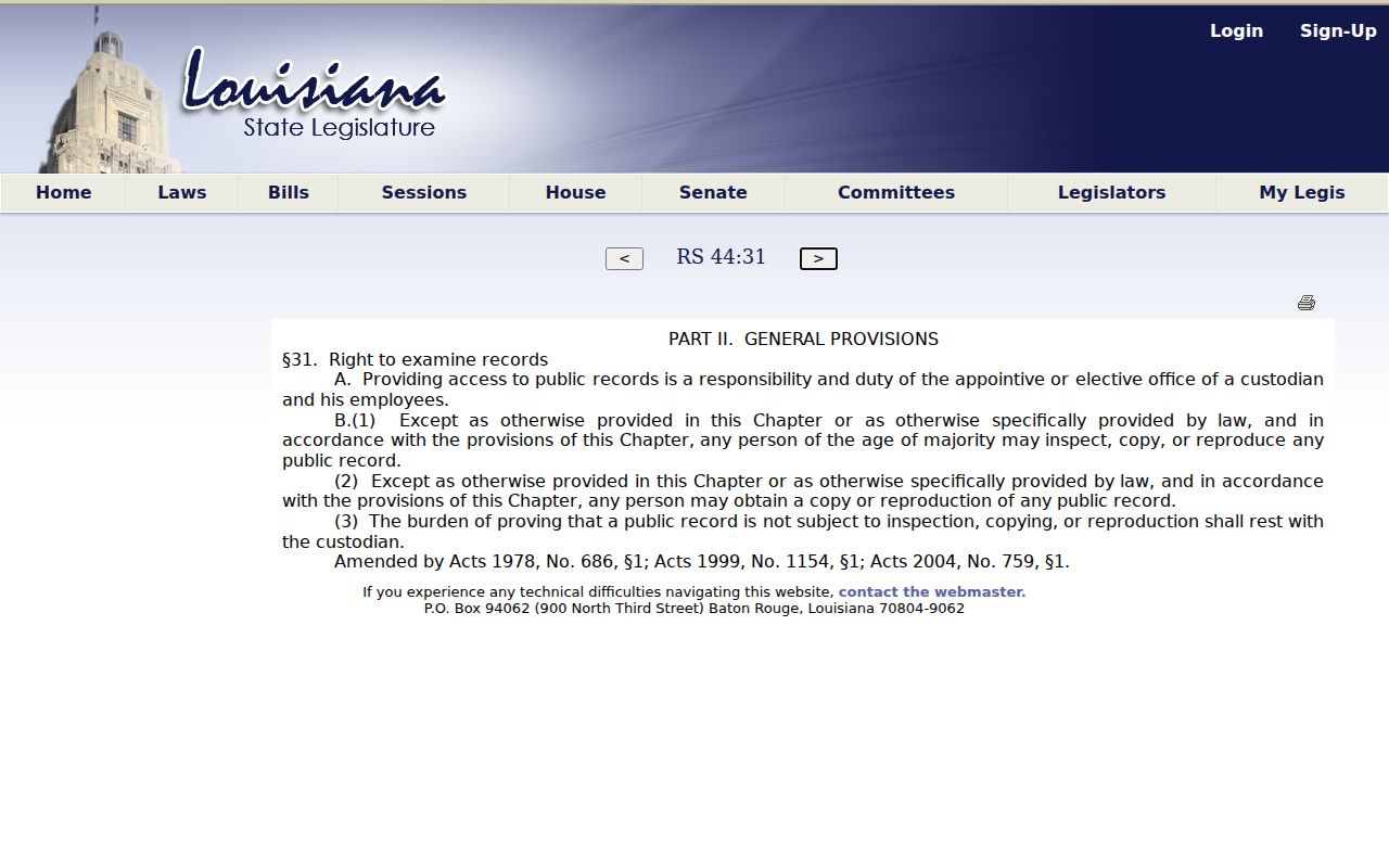 Louisiana public records inspection rule cited on Florien warrant records