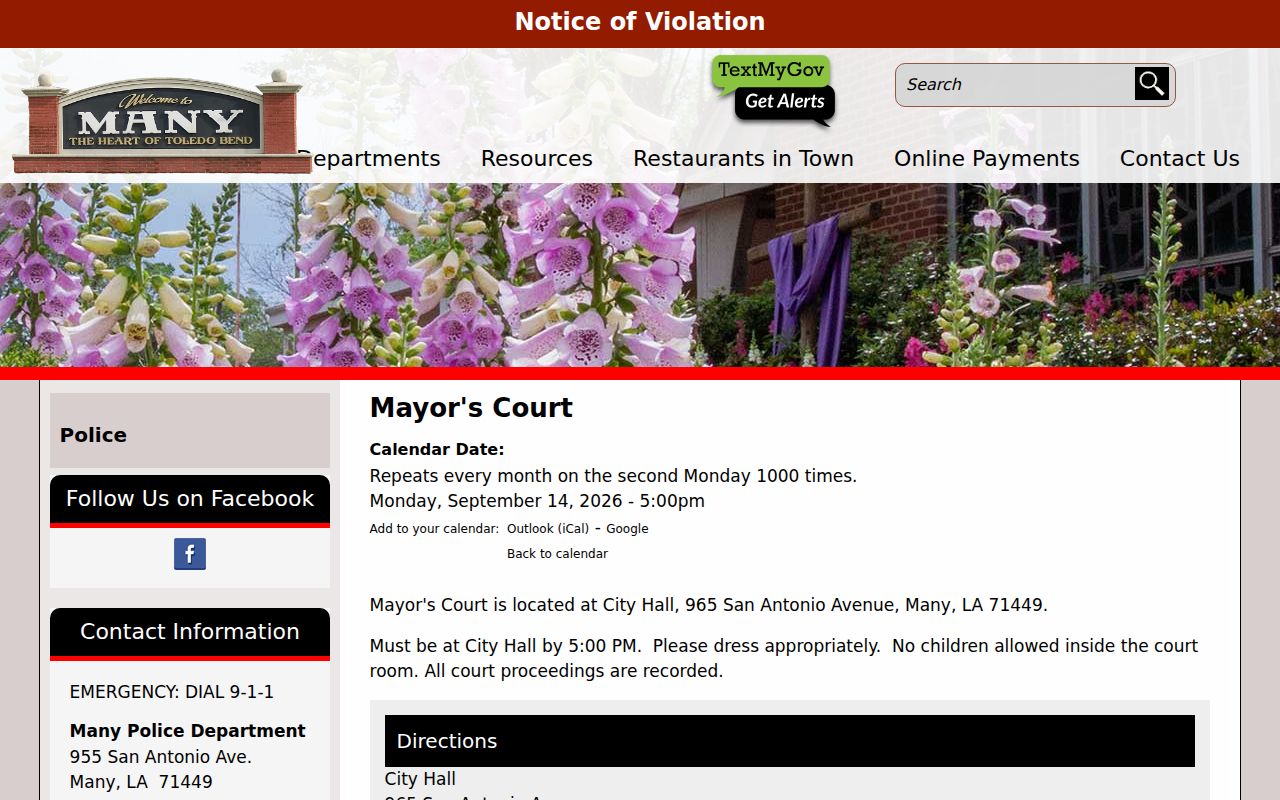 Many Mayor's Court monthly schedule and instructions for Sabine Parish municipal court warrants