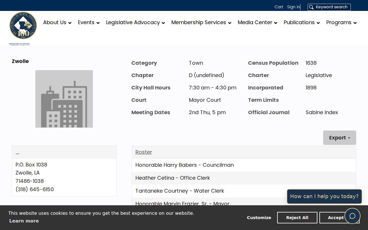 Zwolle municipal association profile listing the Mayor Court for Zwolle warrant records