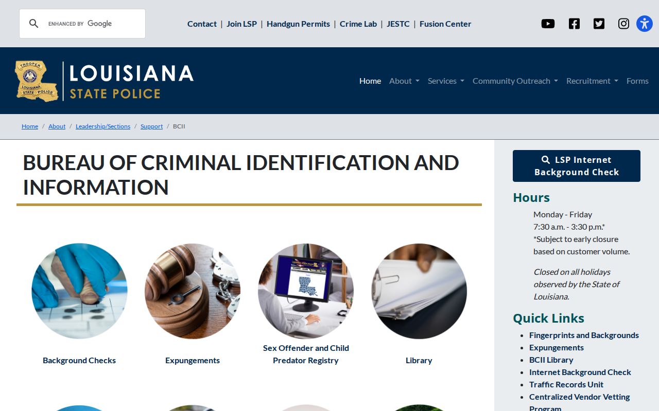 Louisiana State Police closed criminal history repository page showing no statewide warrant search for Sabine Parish