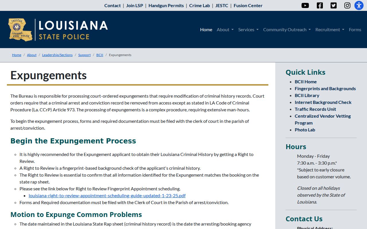 Louisiana expungement process and fee notice for cleaning up records after a Sabine Parish case ends