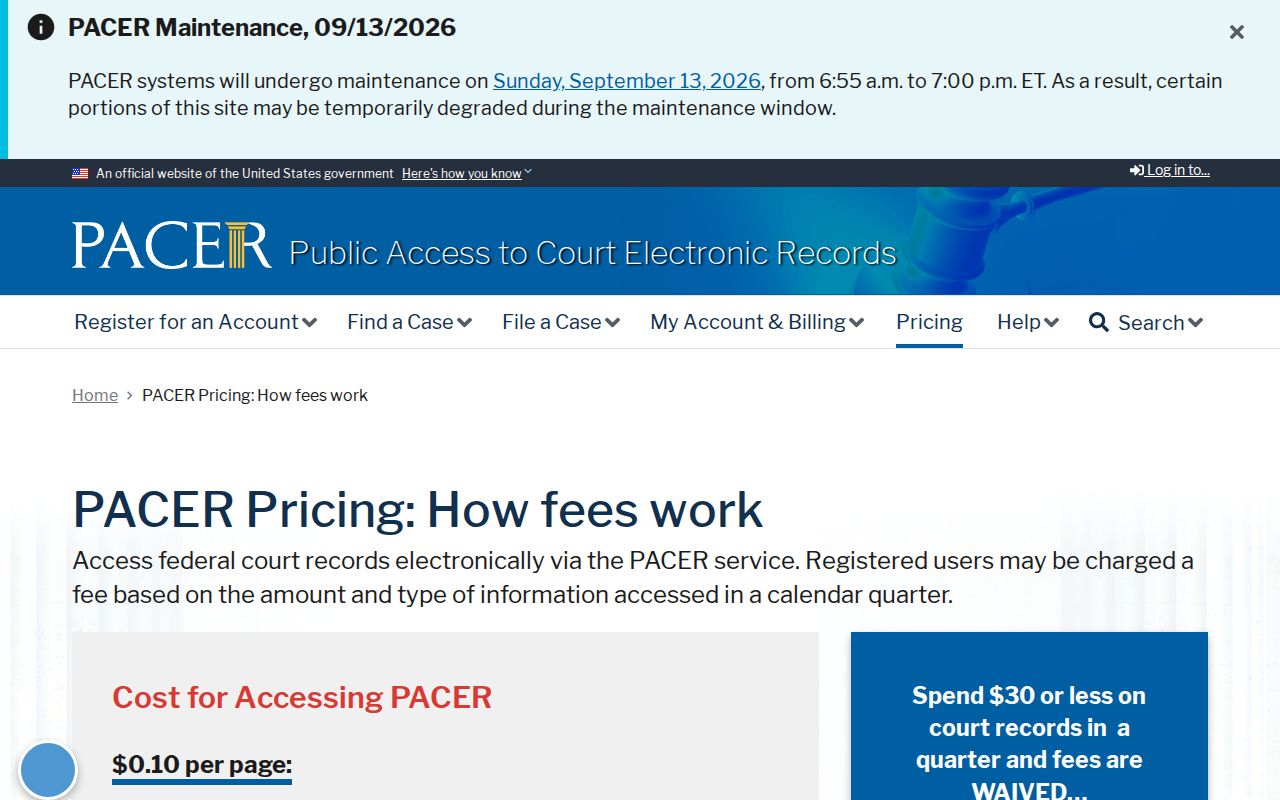 Federal court docket fee notice for checking federal arrest warrants tied to Sabine Parish cases