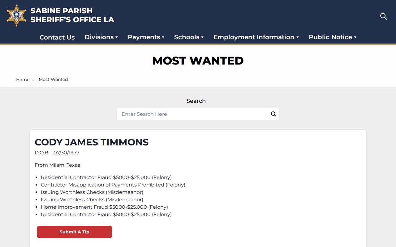 Sabine Parish Sheriff curated most wanted feature used to describe active warrant coverage